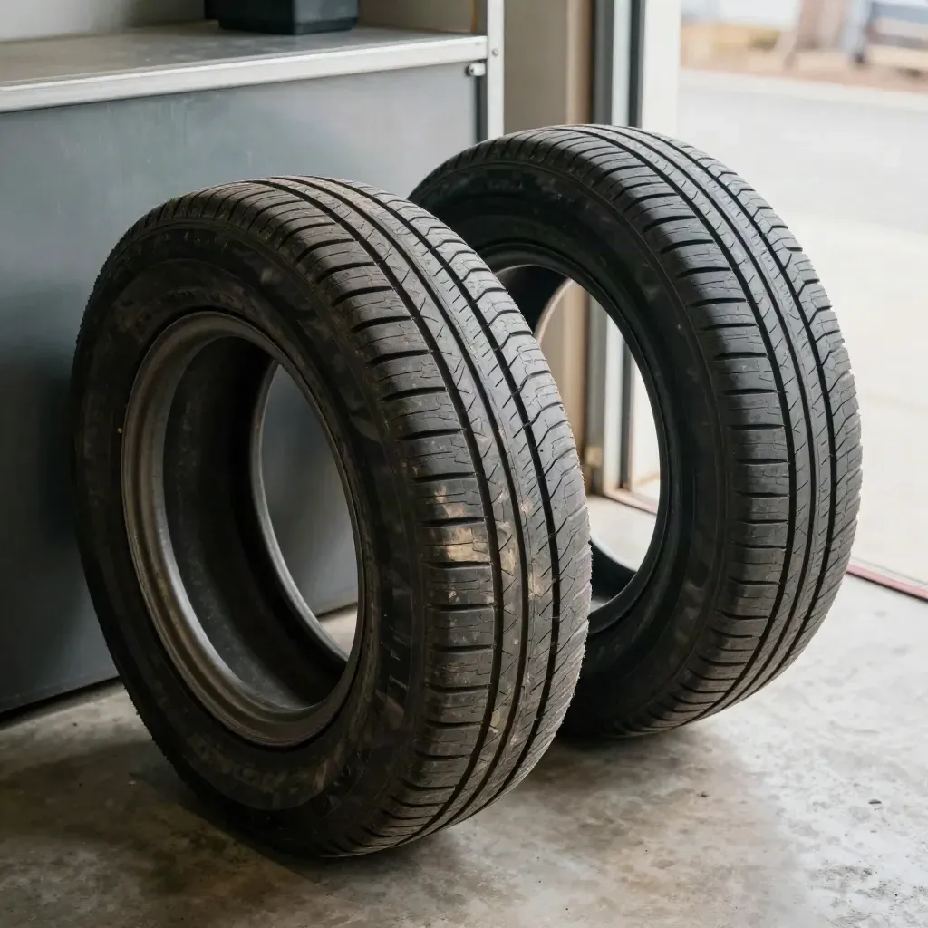 Två däck i garage, ett med ojämnt slitage på ytterkanten och ett jämnt slitet hjul i mjukt ljus.