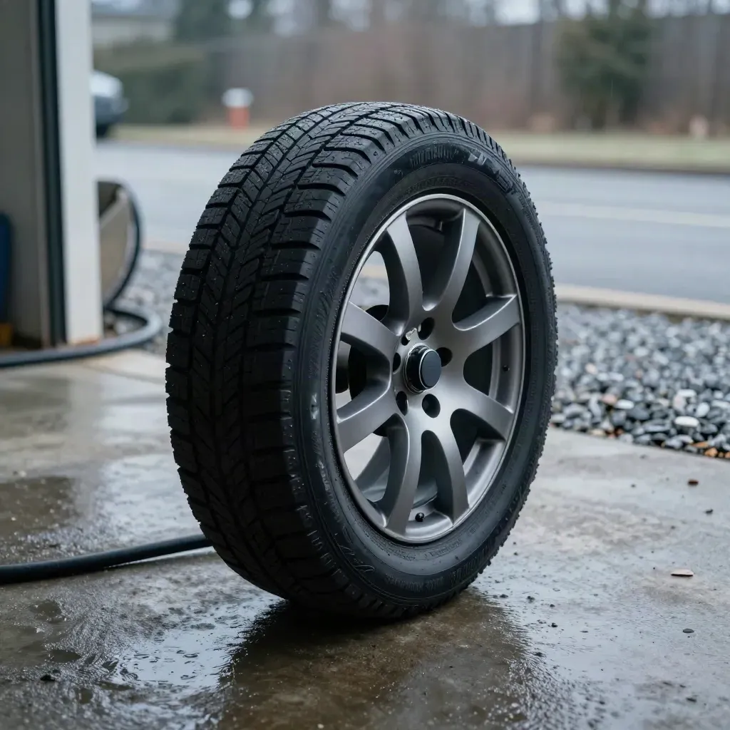 Ett framhjul vid garageuppfarten, med våt mark och kall morgonluft.