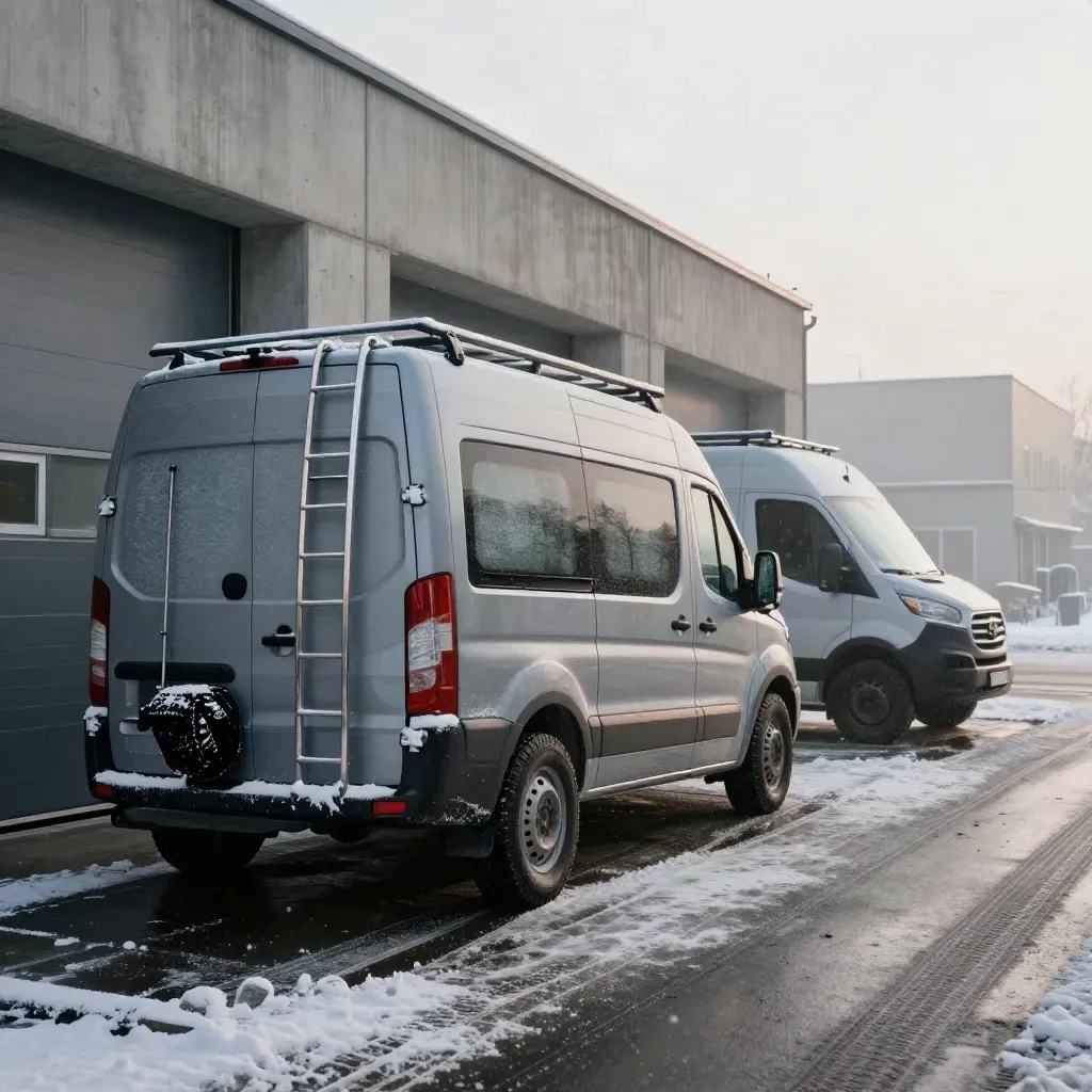 Två servicebilar med vinterdäck står i snöfall vid en industrigata.